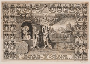 Titelsida till begravningspredikan för Ida Langs med skildring av Kristus som trädgårdsmästare och Maria Magdalena