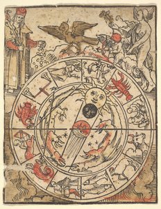 Karta över zodiakens tecken med Venus, Amor och en biskopshelgon.