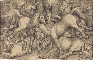 Grupp med sju hästar i skogen av Hans Baldung Grien