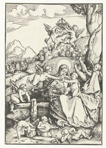 Mary med barn med åtta änglar i ett landskap av Hans Baldung Grien