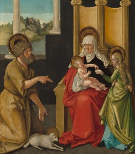 Sankta Anna med Kristusbarnet, Jungfrun och Johannes Döparen, ca 1511 (olja på hårdpapp överförd från panel)