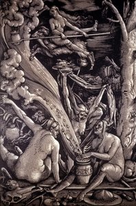Häxornas sabbat, gravyr av Hans Baldung Green, tysk målare, gravör och serietecknare (1484-1545).