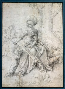 Kvinnan som rider mannen: Phyllis sitter på ryggen av Aristoteles som går på alla fyra. Teckning av Grien Hans Baldung (1484-1545) Ec. Allt.