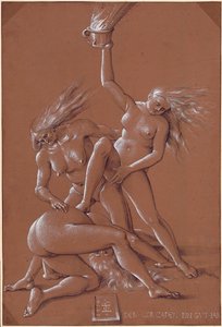 Nyårshälsning med tre häxor - Konstverk av Hans Baldung (1484-1545) bläck och vit krita på papper av Hans Baldung Grien