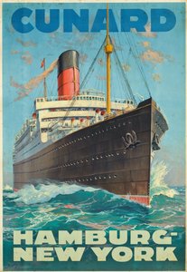 Affischreklamresor mellan Hamburg och New York med rederiet Cunard (färglitografi)