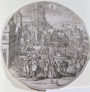 Januari, som visar borgare som firar tolfte natten på torget i Bergen, från en uppsättning av tolv "Årets månader", graverad av Adriaen Collaert (1560-1618) av Hans Bol