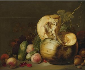 Stilleben med pumpa, persikor, vindruvor, körsbär och annan frukt