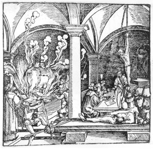 The Questioning, illustration från en bok av Cicero Teutsch, Augsbourg, 1533 av Hans Burgkmair