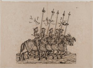 Kejsar Maximilian I:s triumf: Femtioförsta styrelsen, deltagare i Rennen (tornerspel eller lätt tävling) av Hans Burgkmair