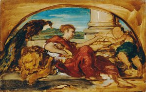 Allegorisk figur med lejon och påfågel