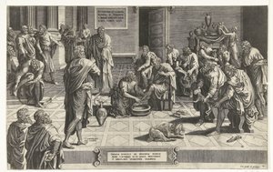 Christ wast de voeten van de discipelen Allas Herre lägger sig på knä för att tvätta sina tjänares fötter, ett exempel på enastående ödmjukhet (titel på föremål) av Hans Collaert (I) (attributed to)