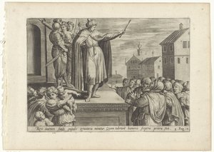 Rechabeam svarade folket Geschiedenis van Jeroboam en Rechabeam (serietitel) The Treasury of the Sacred Historys of the Old Testament (...) (serietitel) av Hans Collaert (I) (attributed to)