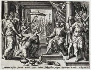 Solomon ontangt de koningin van Seba Geschiedenis van Salomo (serietitel) The History of King Salomon (...) (serietitel) Skatten av det gamla testamentets heliga historia, utvald av de mest utmärkta bilder som uttrycks i denna konst av Hans Collaert (I) (attributed to)
