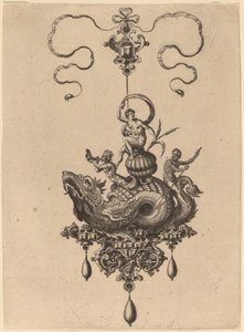 Design för ett hänge med havsmonster som bär en kvinna på ett skal flankerat av en Triton och en man med en åra