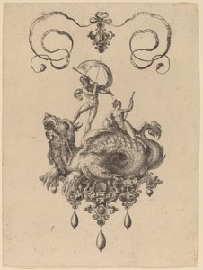 Design för ett hänge med ett havsmonster som bär Thetis och en man med ett segel