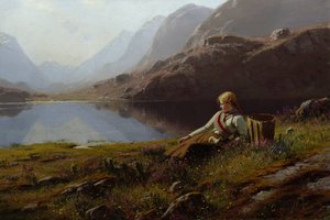 Girl Knitting by the Mountain Lake (olja på duk) av Hans Dahl