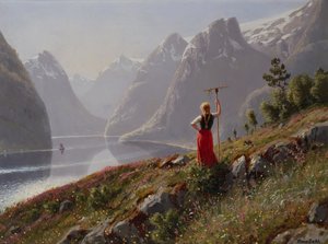 Flicka med en kratta i fjordlandskap