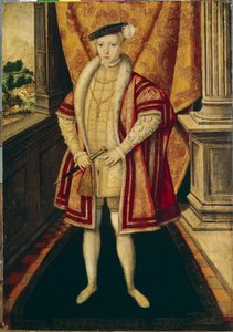 Porträtt av kung Edward VI (1537-1553) av England och Irland (Porträtt av kung Edward VI av England). tredje suverän av Tudordynastin, han är den första protestantiska suveränen som bestiger tronen. Målning av Hans Eworth (Ewouts) (cirka