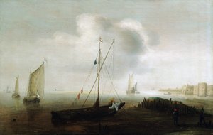 En fiskebåt med holländsk flagga, med seglet nere, nära stranden, en figur på båten, klädd i en gul regnrock, manipulerar seglet av Hans Goderis
