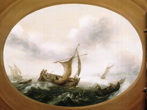 Holländska fiskebåtar fångade i en stor bris, en mindre båt, seglar ner, till höger, med fiskare som drar näten av Hans Goderis
