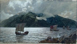 Vikingaskepp, Sognefjord (akvarell, penna, penna och gouache på papper)