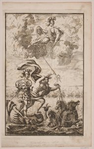 Neptunus rusar över havet. Titelsida för Fontenay, "Söe-Evolution"; Köpenhamn 1743 av Hans Henrich Christian Ulrich