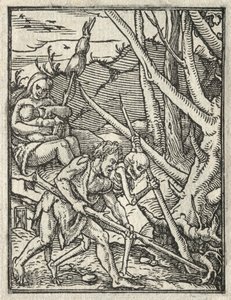 Dödsdansen: Utvisning från paradiset; Adam odlar marken av Hans Holbein
