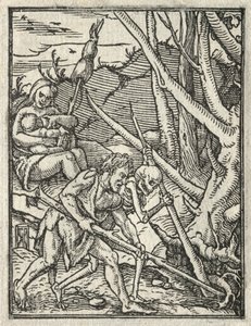 Dödsdansen: Utvisning från paradiset, Adam kultiverar jorden. av Hans Holbein