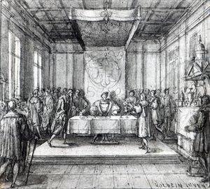 Henrik VIII i sin hemliga kammare (penna, bläck och tvätt på papper) av Hans Holbein der Jüngere