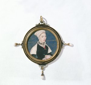 Jane Small, tidligere kendt som Mrs. Robert Pemberton, ca. 1540 (wc på vellum monteret på spillekort) (detaljer fra 14732) swed av Hans Holbein der Jüngere
