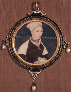 Miniatyrporträtt av Jane Small, tidigare känd som Mrs. Robert Pemberton, ca 1540 (wc på veläng monterat på spelkort)