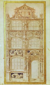 Förslag till fasad på ett trevåningshus och en gavel (penna och bläck på papper) av Hans Holbein der Jüngere