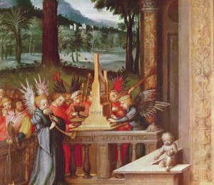 Jungfru, barn och helgon detalj av änglar som spelar orgel, 1519 olja på ek