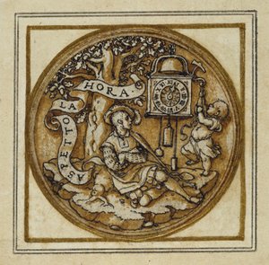 Allegory of Time - Design för ett hänge eller hattmärke, c.1532-43 (penna och bläck på papper) av Hans Holbein der Jüngere