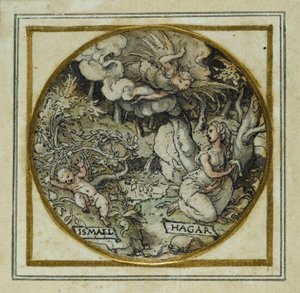 Hagar och Ishmael - Design för ett hänge eller hattmärke, c.1532-43 (penna och bläck på papper) av Hans Holbein der Jüngere