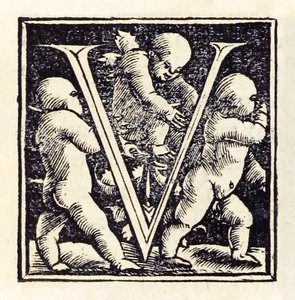 Upplyst "V" från 1518 års Basel tredje upplagan av "Utopia" av Sir Thomas More (1478-1535) publicerad första gången 1516. Träsnitt av Hans Holbein den yngre (ca 1497-1543) av Hans Holbein der Jüngere