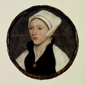 Porträtt av en ung kvinna med vit hätta av Hans Holbein the Younger