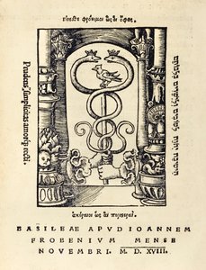 Skrivarmärke av Johann Frobens (ca 1460 -1527) som visar två händer som håller caduceus från 1518 års tredje upplaga av "Utopia" av Sir Thomas More (1478-1535) publicerad först 1516. Träsnitt av Hans Holbein den yngre (ca. 1497-1543) av Hans Holbein der Jüngere