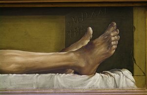 The Body of the Dead Christ, detalj av fötterna och signatur och datum för verket, 1521 tempera på limewood av Hans Holbein der Jüngere