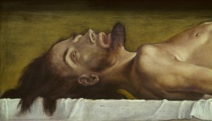 The Body of the Dead Christ, detalj av huvudet, 1521 tempera på limewood
