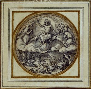 The Last Judgment - Design för ett hänge eller hattmärke, c.1532-43 (penna och bläck på papper) av Hans Holbein der Jüngere