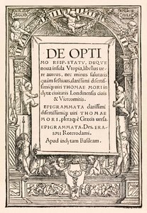 Titelsida från 1518 års Basel tredje upplagan av "Utopia" av Sir Thomas More (1478-1535) publicerad första gången 1516. Träsnitt av Hans Holbein den yngre (ca 1497-1543) med namn i kartuscherna uppe till vänster och höger, dekorativ gräns av putti och skri av Hans Holbein der Jüngere