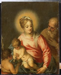 Den heliga familjen med Johannes Döparen. Målning av Hans Rottenhammer Ljumsken (1564-1625). Olja på koppar, 27,5 x 35 cm, sent 1500-tal tidigt 1600-tal. Tysk konst, barockstil. Pushkin Fine Arts Museum, Mos