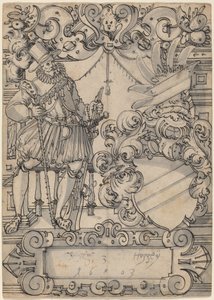En donator med en vapensköld (Shield Companion och Slanting Bar Heraldic Shield) av Hans Jegli II