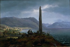 Frithjofs minnessten på Leikanger vid Balestrand i Snart (olja på duk) av Hans Leganger Reusch
