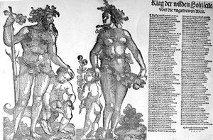 Bredsida om tillbakadragandet av de vilda männen i skogen från en värld som har förändrats till det sämre, träsnitt gjort av Hans Guldenmund, 1545