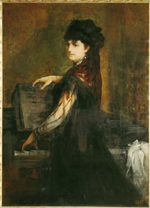 Amalie Makart, född Rothmayr, konstnärens första hustru, vid pianot ... (målning på duk) av Hans Makart
