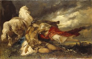 Valkyrie et un heros mourant - Valkyrie och en döende hjälte, av Makart, Hans (1840-1884). Olja på duk. Mått: 130x200 cm. Nationalmuseum Stockholm av Hans Makart