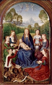 Diptyk av Jean du Cellier: Jungfru och sex helgon (olja på panel av Hans Memling