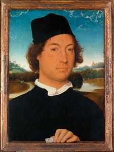 Porträtt av en okänd man, med landskap (flämtande) av Hans Memling